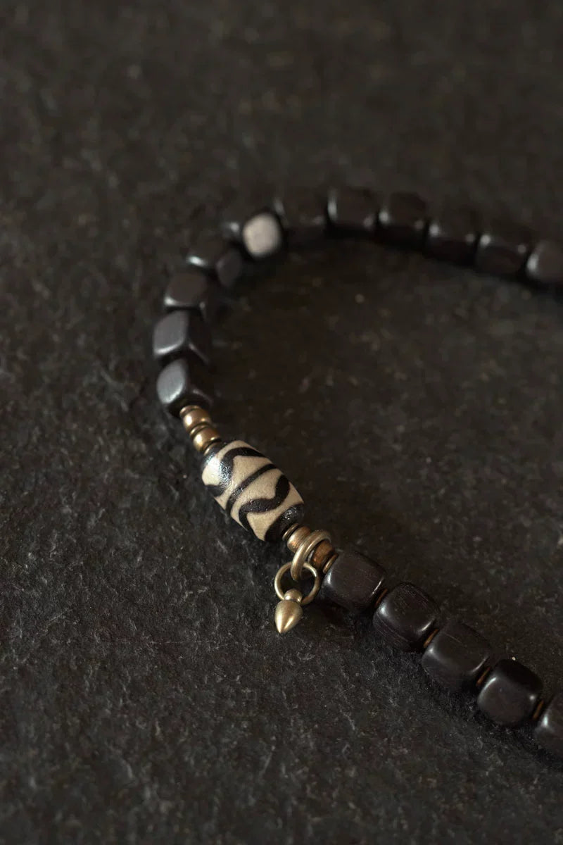 Tibetan Handmade Ebony Wood Dzi Bead Bracelet Vintage Couple Spiritual Jewelry