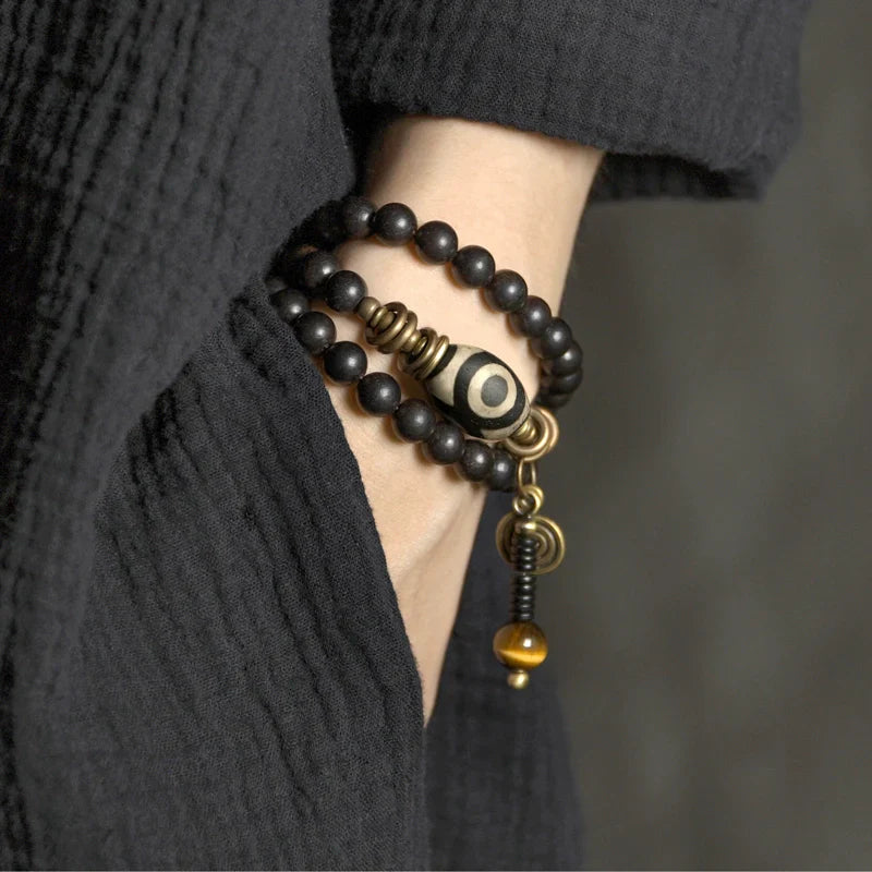 Vintage Multi-Layer Ebony Bead Bracelet with Tiger Eye & Dzi Bead for Protection