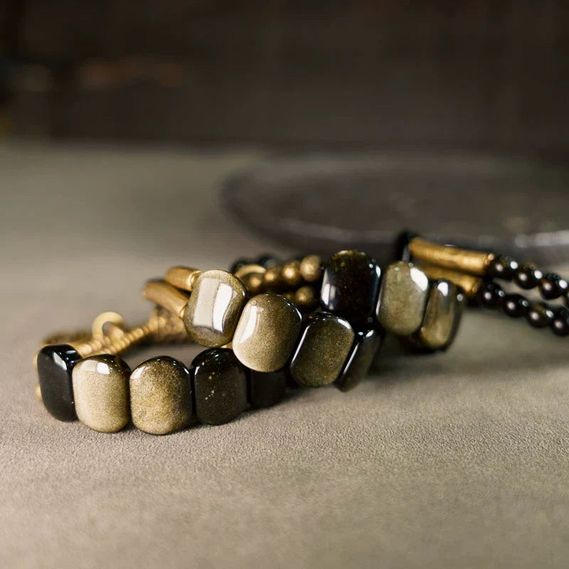 Natural Black Obsidian & Cat’s Eye Gold Obsidian Double-Layer Bracelet for Men & Women