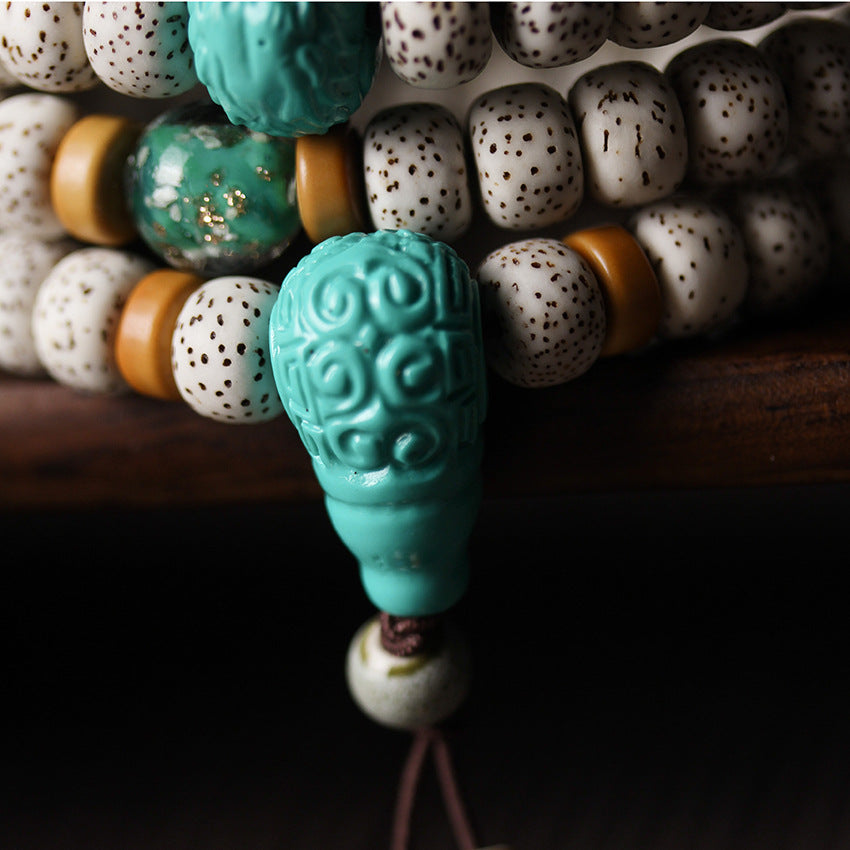 Star and Moon Bodhi 108 Mala Beads Bracelet – Luminous Mongolian Turquoise Edition