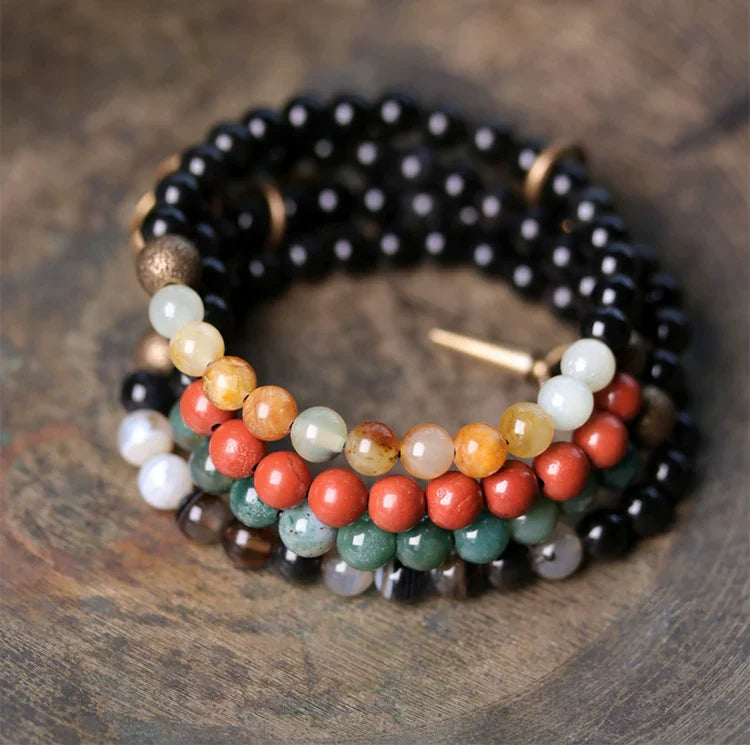 Tibetan Obsidian Bracelet with Colorful Beads for Protection & Balance