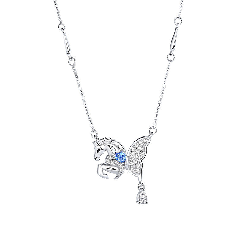 S925 Sterling Silver Butterfly Wing Flying Horse Necklace for Women – Year of the Horse Zodiac Jewelry