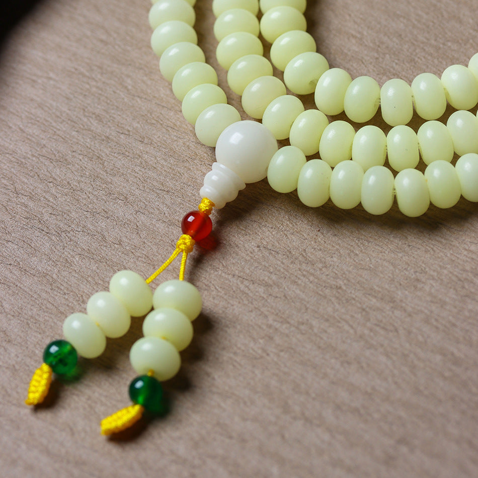 Natural Weathered Milky Yellow Bodhi Bracelet with Stone Accents – 108 Mala Beads for Women