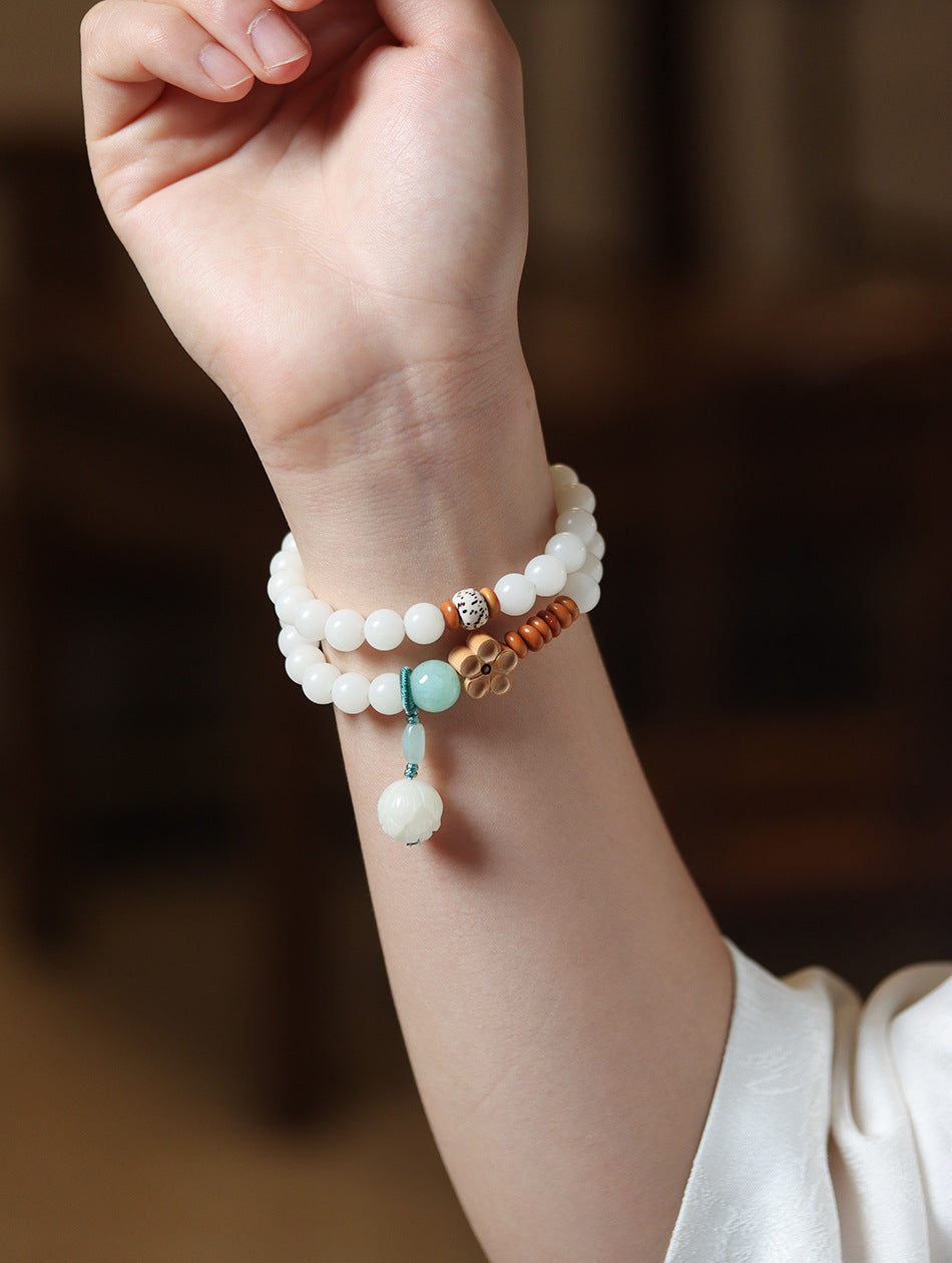 White Jade Bodhi Double Wrap Bracelet with Lotus Accent for Women