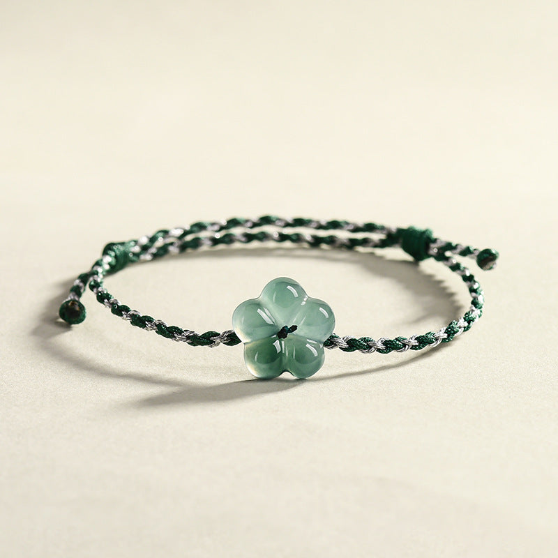 Natural A-Grade Blue Water Jadeite Peach Blossom Bead Bracelet – Handcrafted Braided Cord, Spiritual Protection & Blessings