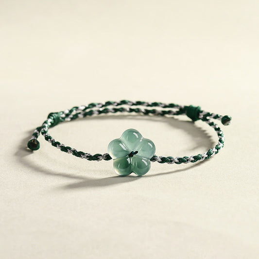 Natural A-Grade Blue Water Jadeite Peach Blossom Bead Bracelet – Handcrafted Braided Cord, Spiritual Protection & Blessings