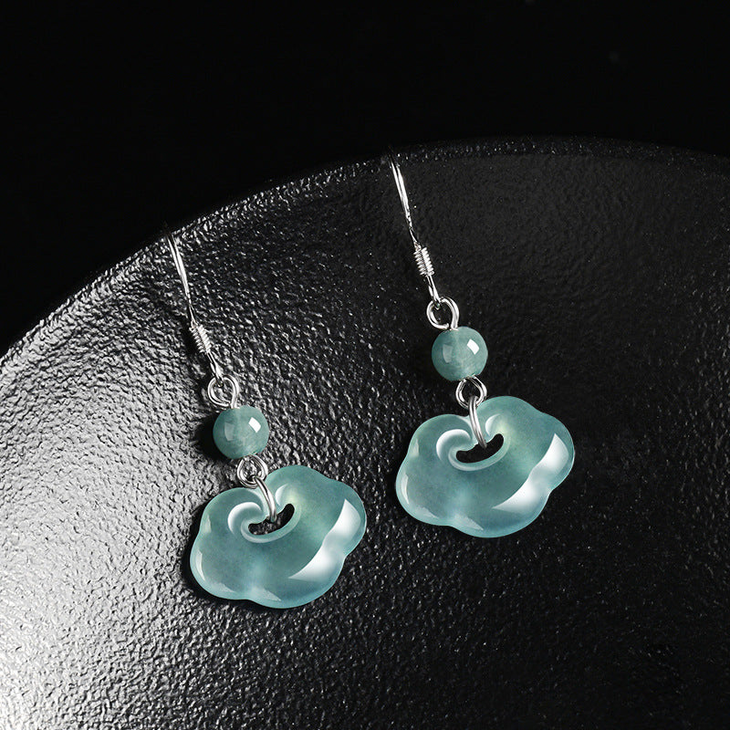 Natural A-Grade Blue Water Jadeite Ruyi Earrings – S925 Silver, Ice Jade for Women