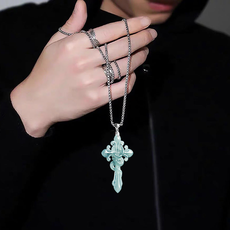Natural Blue Water Jadeite Serpent-Wrapped Cross Pendant – A-Grade Jade, S925 Silver Clasp, Steel-Titanium Chain