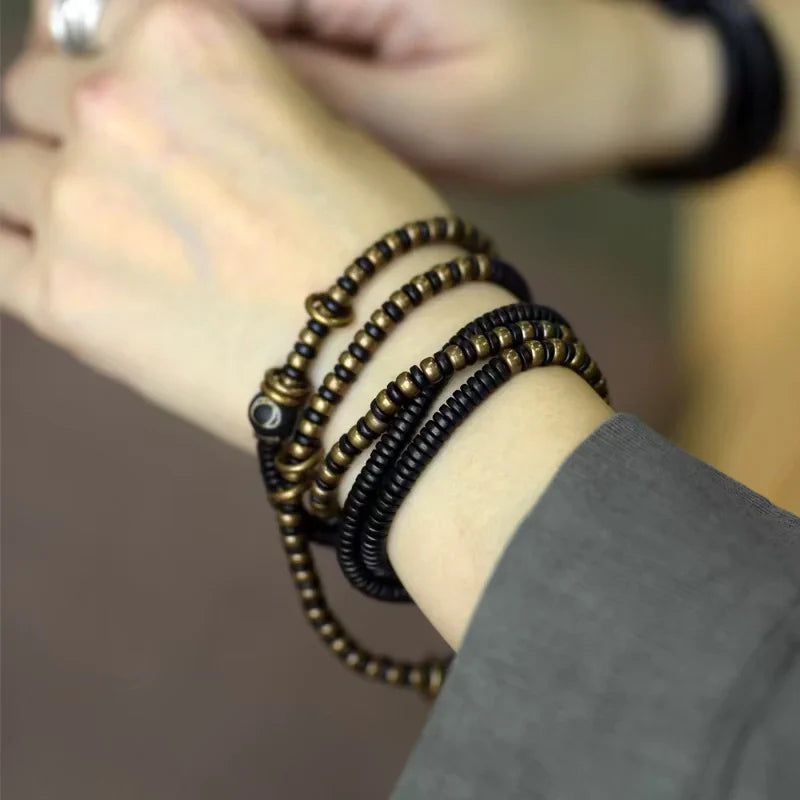 Ebony Wood Bracelet · Retro Brass & Wood Mix with Tiger Eye Pendant · Long Strand Wrap