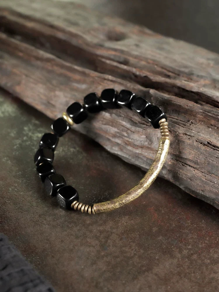 Obsidian & Brass Tibetan Vintage Couple Bracelet – Grounding & Protection