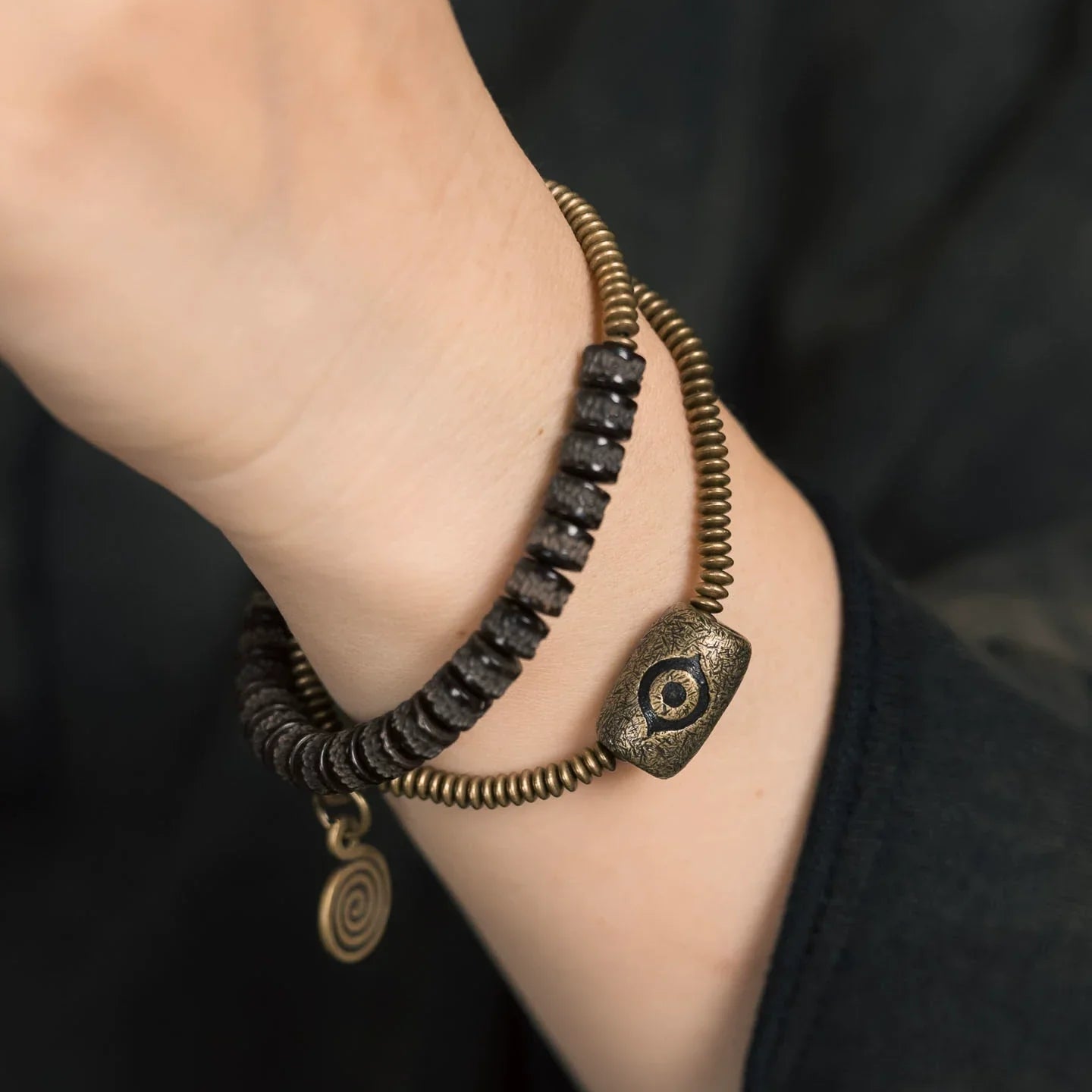 Tibetan Handmade Double-Wrap Coconut Shell & Brass Dzi Bracelet · Earthborn Wisdom, Sacred Protection