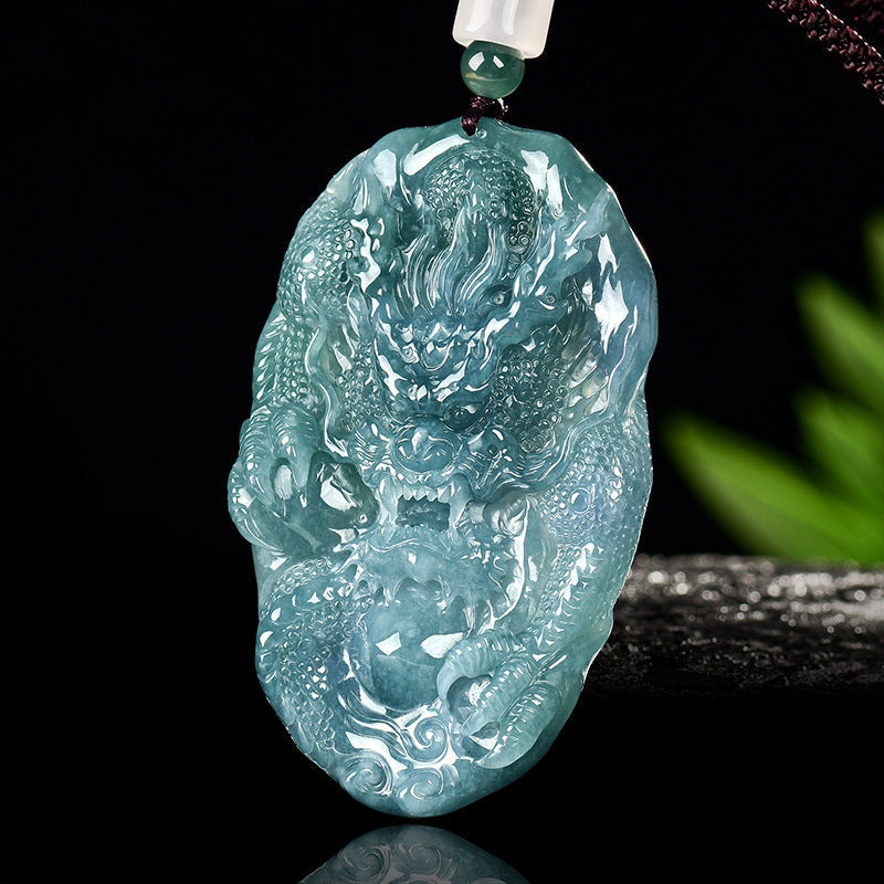 Natural Blue Water Jadeite Divine Dragon Guardian Pendant – A-Grade Jade, Zodiac Dragon Talisman