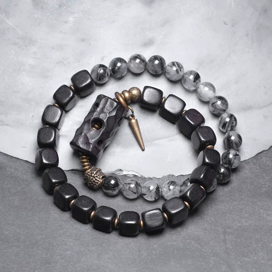 Double-Layer Black Rutilated Quartz & Ebony Wood Bracelet Men’s Vintage Protection Beads