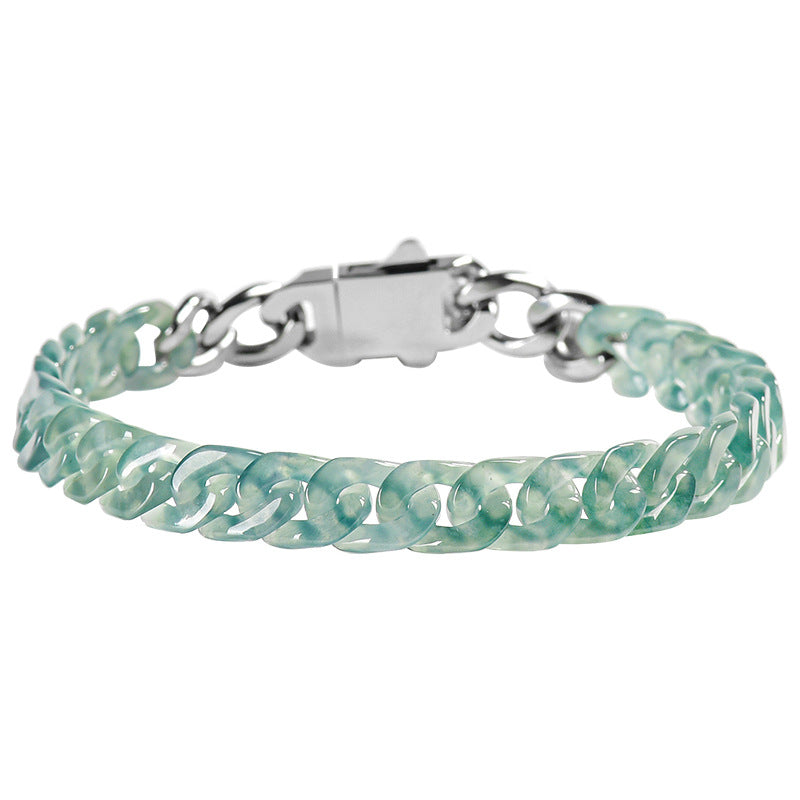 Natural A-Grade Blue Water Jadeite Cuban Link Bracelet – Ice-Type Jade, Titanium Steel, Hip-Hop Style for Men