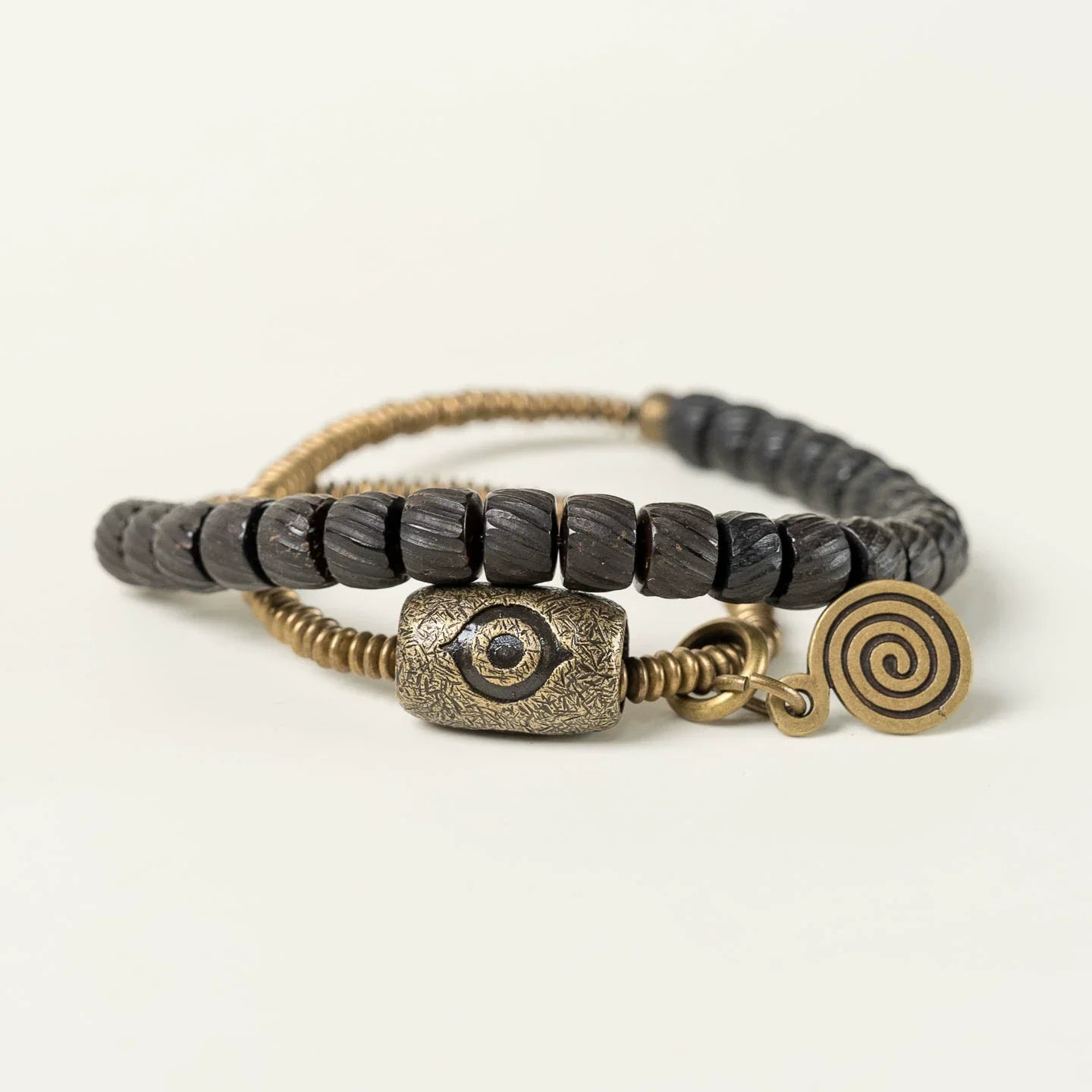Tibetan Handmade Double-Wrap Coconut Shell & Brass Dzi Bracelet · Earthborn Wisdom, Sacred Protection