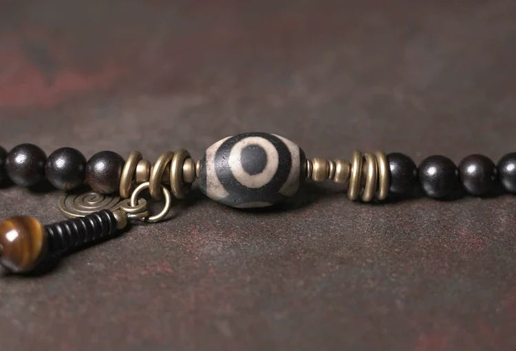 Vintage Multi-Layer Ebony Bead Bracelet with Tiger Eye & Dzi Bead for Protection