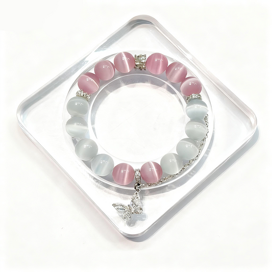Pink & White Cat Eye Crystal Bracelet with Butterfly Charm – Personalized Handmade Energy Beads