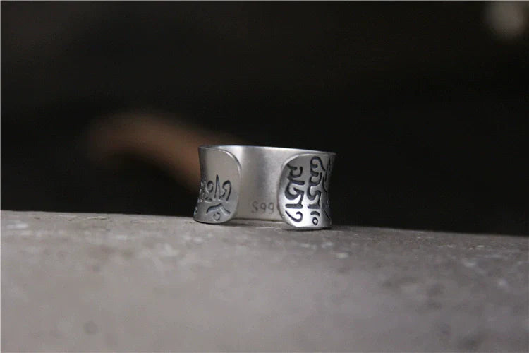 S999 Silver Matte Six-Character Mantra Retro Ring for Men and Women Open-Ring Design