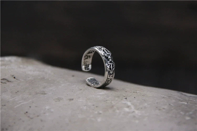 S925 Sterling Silver Six-Character Mantra Vajra Pestle Ring, Adjustable Opening