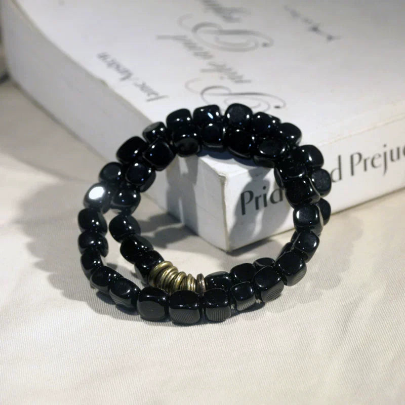 Tibetan Double-Layer Obsidian Square Bead Bracelet – Vintage Style for Men & Women