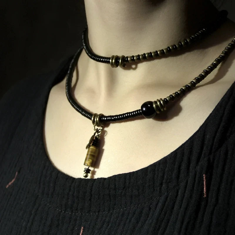 Ebony Wood Bracelet · Retro Brass & Wood Mix with Tiger Eye Pendant · Long Strand Wrap
