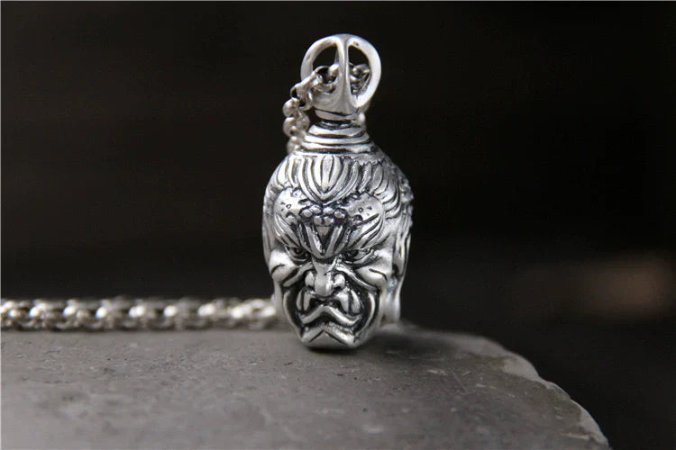 S999 Sterling Silver Necklace Double-Sided Buddha and Demon Pendant