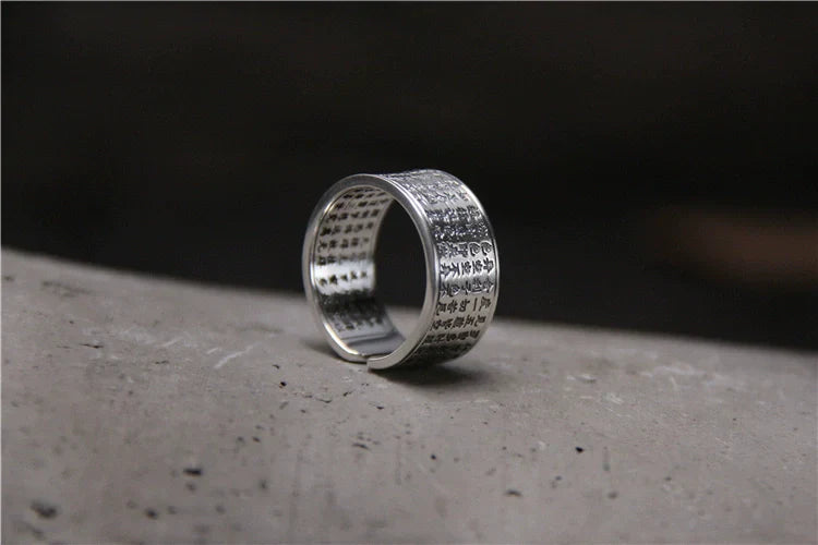 Pure Silver Heart Sutra Ring Women's Tibetan Body Protection Safety Opening Jewelry S999 Sterling Silver Retro Ring