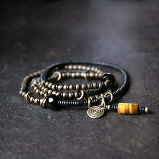 Ebony Wood Bracelet · Retro Brass & Wood Mix with Tiger Eye Pendant · Long Strand Wrap