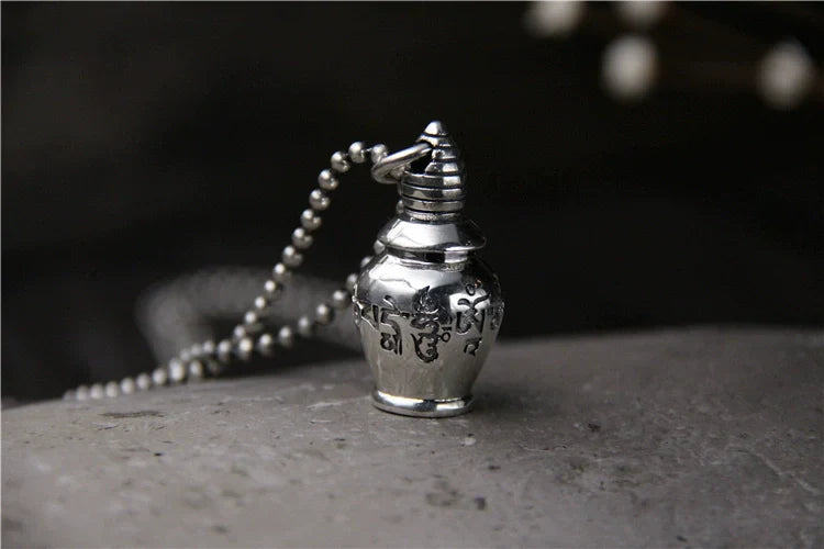 S925 Sterling Silver Six Characters Mantra Gawu Box Cinnabar Bottle Pendant