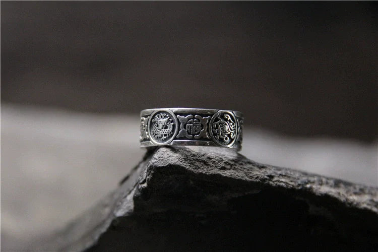 Buddha3bodhi Handmade Sliver Ring Retro and Old Lucky Character Four Divine Beast Ring