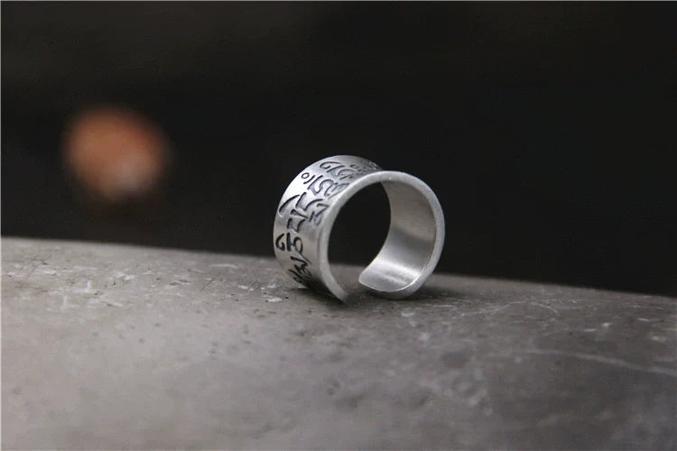 S999 Silver Matte Six-Character Mantra Retro Ring for Men and Women Open-Ring Design