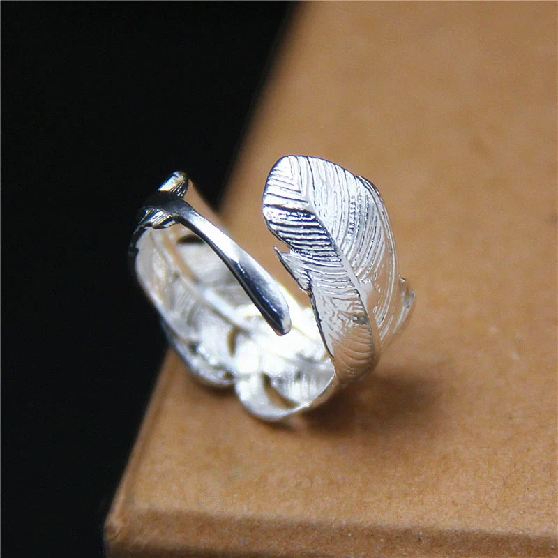 S925 Sterling Silver Handmade Adjustable Feather Ring – Open Band Couple Ring
