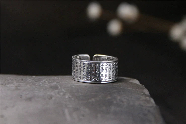 Pure Silver Heart Sutra Ring Women's Tibetan Body Protection Safety Opening Jewelry S999 Sterling Silver Retro Ring