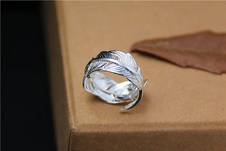 S925 Sterling Silver Handmade Adjustable Feather Ring – Open Band Couple Ring
