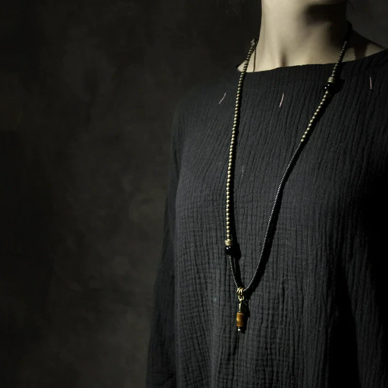 Ebony Wood Bracelet · Retro Brass & Wood Mix with Tiger Eye Pendant · Long Strand Wrap