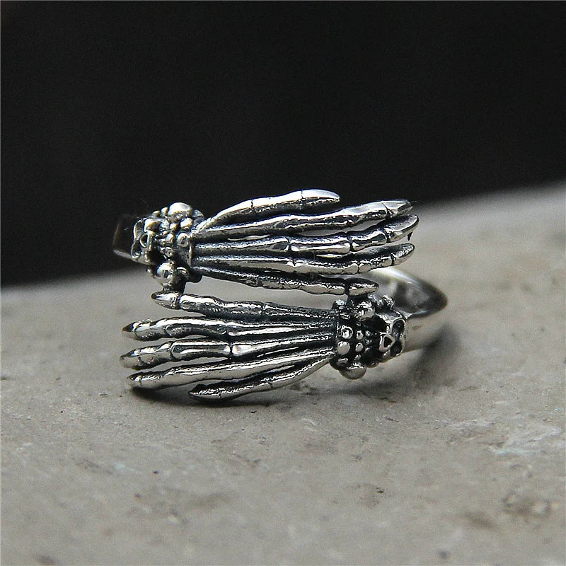 S925 Sterling Silver Vintage Skull Hand Ring for Men