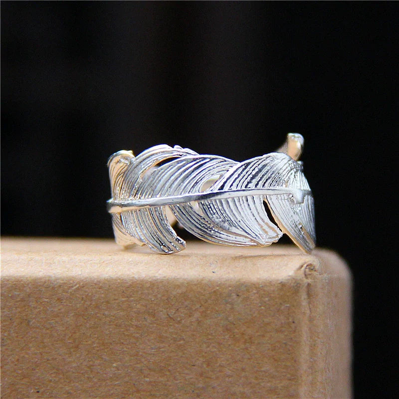 S925 Sterling Silver Handmade Adjustable Feather Ring – Open Band Couple Ring