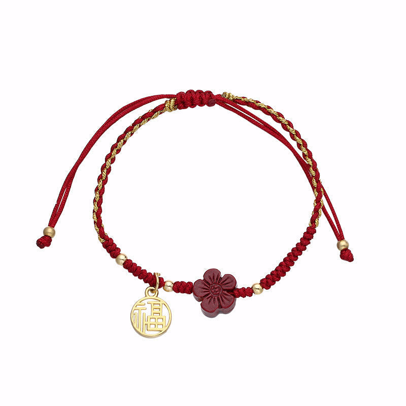 Wear FengShui Cinnabar Flower Fu Character Blessing Braided String Bracelet