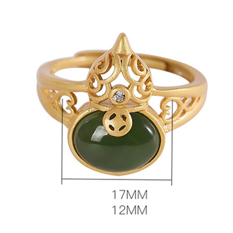 Wear FengShui Gourd Cyan Jade Copper Coin Success Luck Adjustable Ring