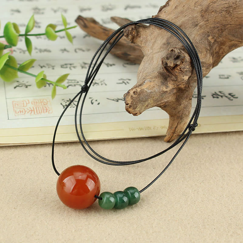 Wear FengShui Red Agate Green Aventurine Green Bodhi Seed Bead Calm Leather Rope Necklace Pendant