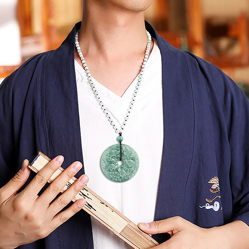 Wear FengShui Year of the Dragon Natural Jade Nine Dragons Peace Buckle Protection Necklace Pendant