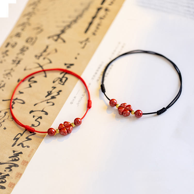 Wear FengShui Four Leaf Clover Cinnabar Blessing Calm String Bracelet Anklet