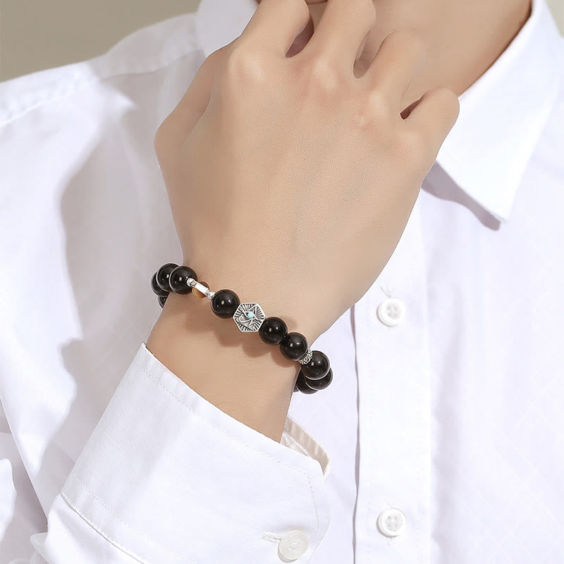 Wear FengShui 925 Sterling Silver Black Obsidian Tiger Eye Eye of Providence Purification Bracelet