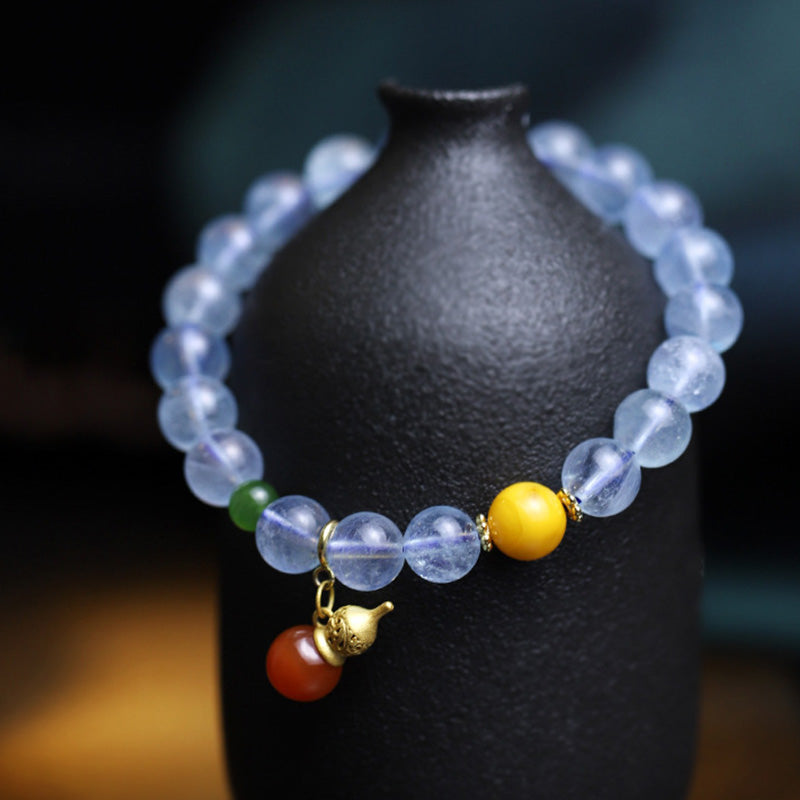 Wear FengShui Aquamarine Red Agate Peace Gourd Charm Bracelet