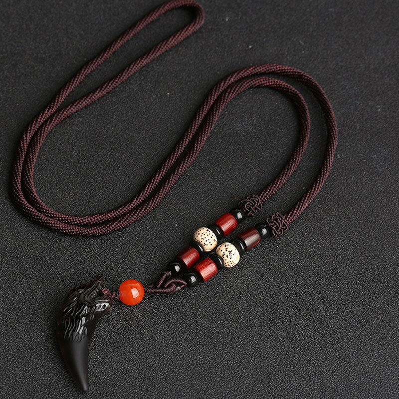 Wear FengShui Natural Ice Obsidian Wolf Tooth Pattern Courage Necklace Pendant