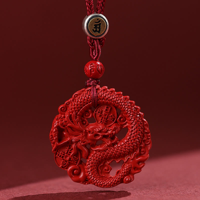 Wear FengShui Year of the Dragon 925 Sterling Silver Natural Cinnabar Copper Coin Luck Necklace Pendant