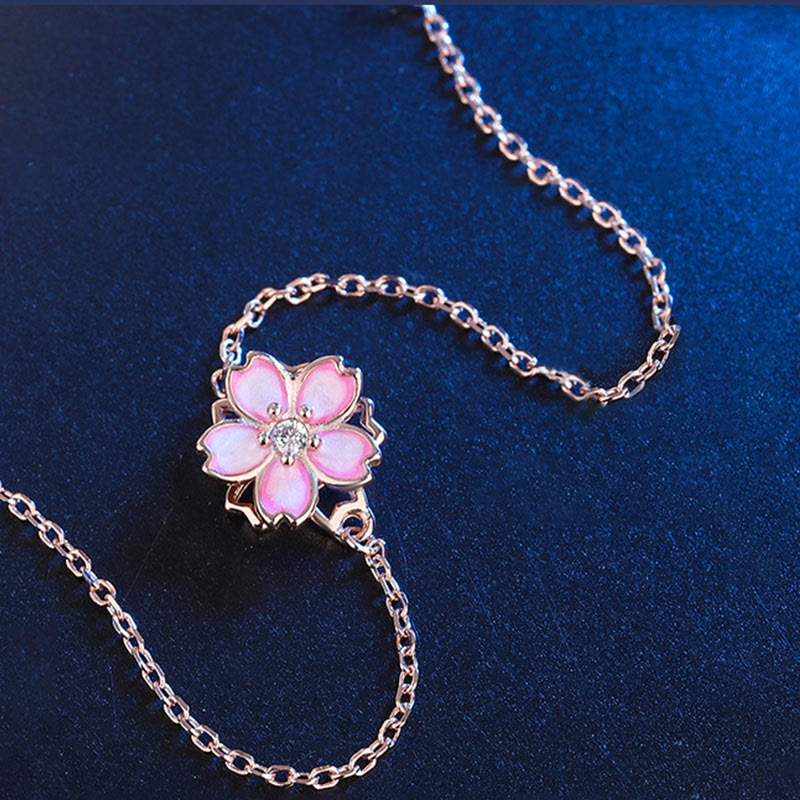Wear FengShui 925 Sterling Silver Cherry Blossom Blessing Chain Bracelet Rotatable Ring