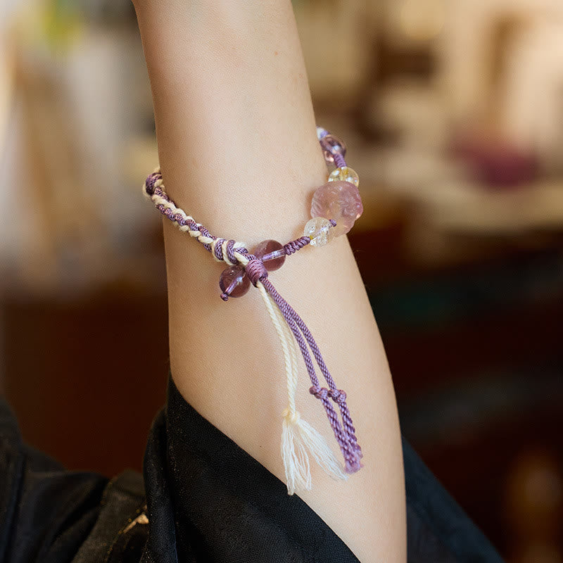 Wear FengShui Natural Fluorite Amethyst Silver Sheen Obsidian Tiger's Eye Protection Rope Bracelet