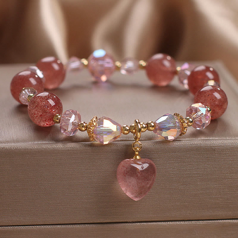 Wear FengShui Natural Strawberry Quartz Crystal Love Heart Healing Positive Bracelet