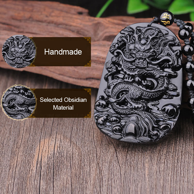 Wear FengShui Black Obsidian Stone Dragon Fulfilment Pendant Necklace